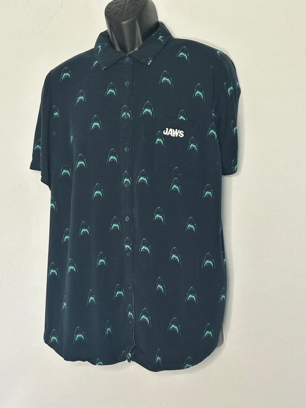 Jaws Shark Print Button Up Shirt Size 2 Unisex Movie Shirt preppy